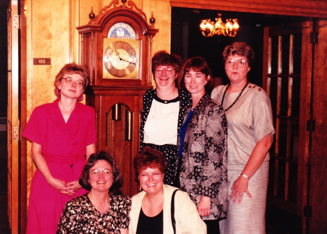 Reunion 1991, Nurses Residence:  Janet Zahn, Marsha Steinert, Pat Beller, Ramona Rupnow, Kathy Ryf & Cindy Neumeier in front of our class gift of cuckoo clock.  